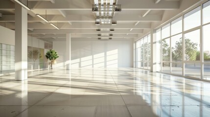 Fototapeta premium A large, empty room with a potted plant in the corner