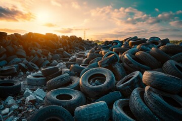Fototapeta premium Recycle waste tires for reuse Old wheels dumped for recycling Dispose of waste tires Free space