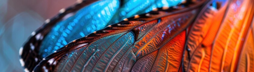 Obraz premium A close-up of a butterfly's wing, highlighting the vibrant colors and fine patterns of the scales
