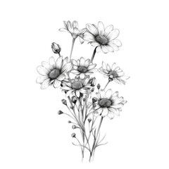 A drawing of a bunch of white daisies with yellow centers