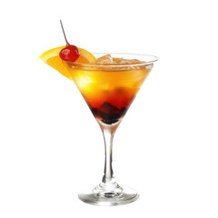 A glass of tea with ice cubes and mint leaves on the side