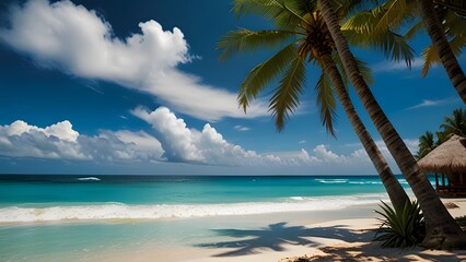 Tropical Paradise: Palm trees sway gently in the warm breeze, their fronds casting long shadows on the pristine white sand. The turquoise ocean stretches out before you, inviting you to relax and soak