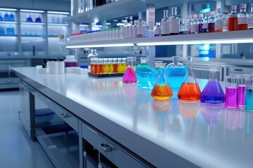 Colorful laboratory scene with various glassware filled with vibrant liquids on a clean, modern lab countertop.