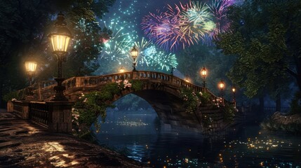 A bridge with a lit up street lamp and fireworks in the background
