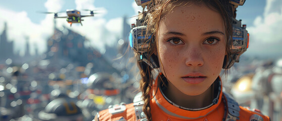 Futuristic Portrait of a Young Woman in a Spacesuit with Drone in Background, Futuristic Portrait of a Young Woman in a Spacesuit with Drone i