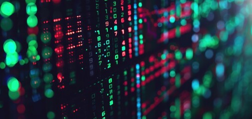 Obraz premium A close-up of a digital stock market ticker with green and red numbers scrolling across a black background