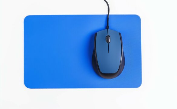 White isolated top view of modern wired optical mouse with blue pad