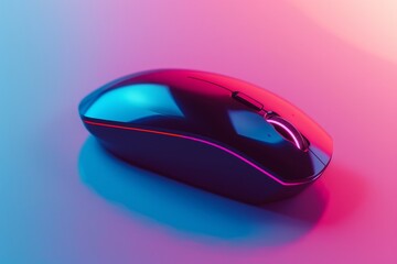 Wireless black PC mouse in neon gradient light