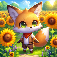 Chibi Fox in a Field of Sunflowers
