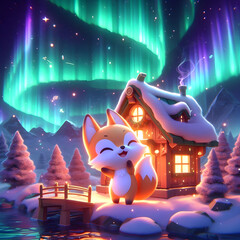Chibi Fox and the Northern Lights