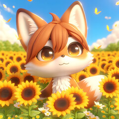 Chibi Fox in a Field of Sunflowers