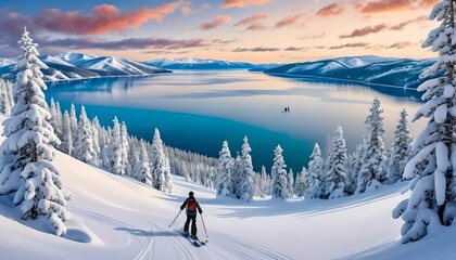 Artistic depiction of Lake Tahoe in Art Nouveau style, skier descending a snowy mountain in the foreground, snow-covered fir trees, large open lake in the far background, Sierras, Northstar
