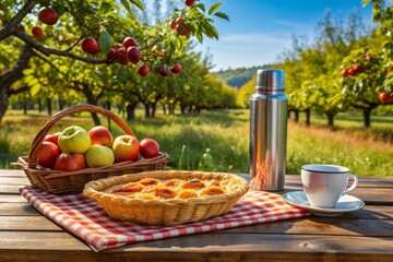 Tarta de frutas al aire libre, acompañada de un termo y una canasta de manzanas frescas, sobre una mesa de madera en un huerto. Cocina francesa.