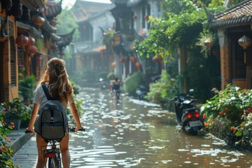 Fototapeta premium A woman cycles through a flooded traditional street lined with vibrant greenery and lanterns, embodying resilience, cultural heritage, and the harmony between lifestyle and nature.