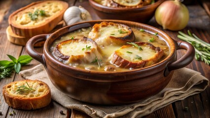 Sopa de cebolla francesa gratinada servida en una bandeja de cerámica, acompañada de rebanadas de pan tostado y decorada con perejil fresco. Cocina francesa tradicional.

Russian: