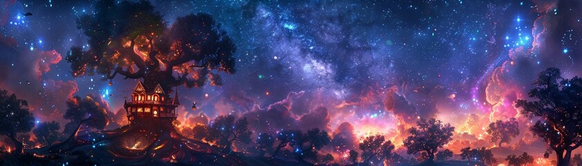 Naklejka premium Enchanted Tree House in Cosmic Wonderland with Whimsical Creatures Fantasy Concept with Colorful Galaxies Backdrop