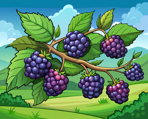 illustration Vector of green blueberry on a branch with leaves, green farm field background, hand drawn vegetabes and fruit cartoon