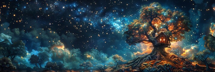 Fototapeta premium Celestial Hideaway Enchanting Tree House in Mystical Forest with Cosmic Sky Above