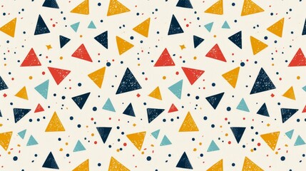 A colorful pattern of triangles and squares on a white background
