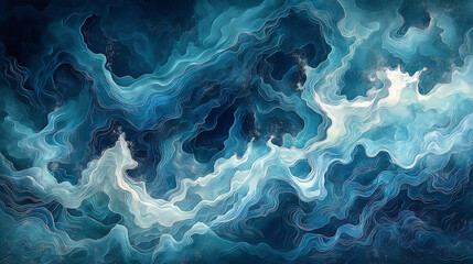 
A vibrant and textured watercolor painting. Dominated by shades of blue, it appears to depict a tumultuous sea or ocean with swirling patterns and waves