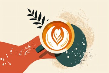 A vibrant illustration of a hand holding a latte with beautiful foam art, Ideal for coffee enthusiasts and artistic presentations.