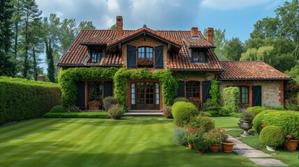 luxury big house exterior green grass field  welcoming relax atmosphere