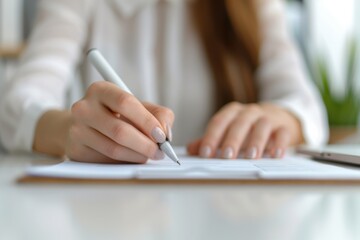 Woman Writing on Document with Pen
