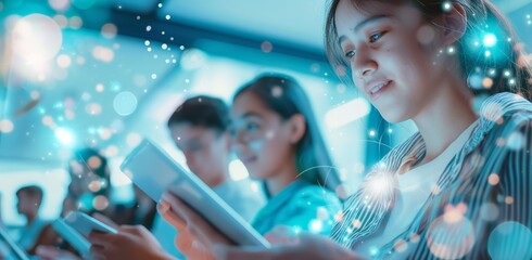 Young students fully engaged in digital learning using tablets in a modern classroom, embracing innovative educational technology for interactive and connected learning experiences