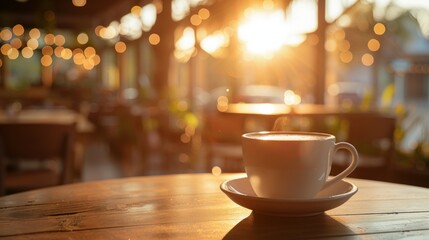 Fototapeta premium A white coffee cup sits on a wooden table in a cafe