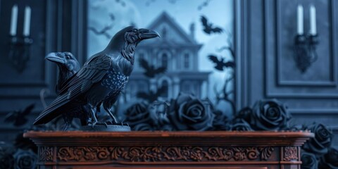 A raven perched on a stone ledge, surrounded by black roses and an ominous, gothic house in the background.