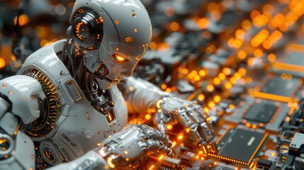 Fototapeta premium A futuristic robot works meticulously on an electronic circuit board, glowing with orange lights, representing advanced artificial intelligence.