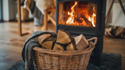 Obraz premium Basket with firewood by the stove in cozy room