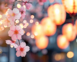 A close-up of cherry blossoms in full bloom with a bokeh background of traditional Japanese lanterns softly glowing