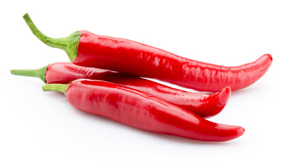 Three red hot chili peppers isolated on white background
