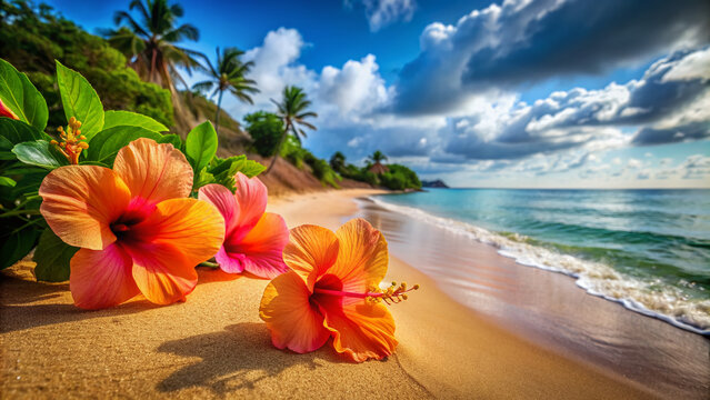 Vibrant orange and pink hibiscus flowers sway gently in the ocean breeze on a pristine sandy beach, evoking a sense of serenity in a tropical paradise.