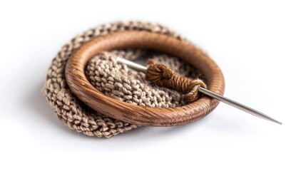 Fototapeta premium Needle and wooden embroidery ring on white background