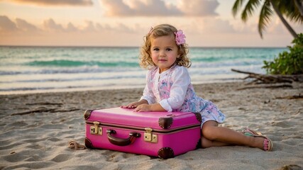 Little girl with a suitcase on the beach. Travel concept with children