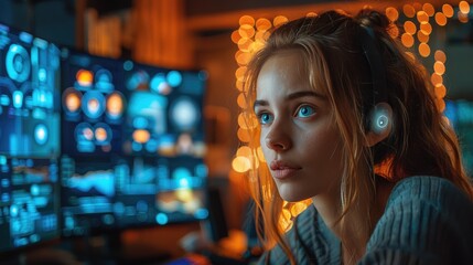 Fototapeta premium Focused young woman with headset analyzing data on multiple screens in a dimly lit room with glowing lights.