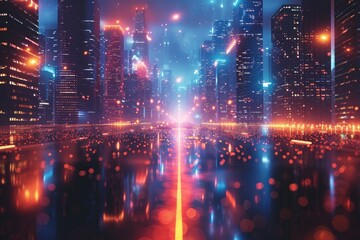 Fototapeta premium Futuristic cityscape with vibrant neon lights reflecting off wet streets, depicting a high-tech, urban night scene.