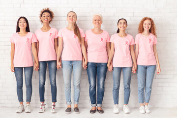 Fototapeta premium Diverse Breast Cancer Volunteers Ladies In Pink T-Shirts Holding Hands Standing Together Over White Brick Wall Indoors. Cancer Support Group