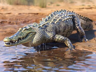 Obraz premium A Powerful Nile Crocodile Prowling Through a Desolate Desert Oasis