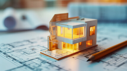 Miniature model House, placed on top of Blueprints or architectural drawings. Pencil with its tip pointing.  Future Investment. Real estate concept.