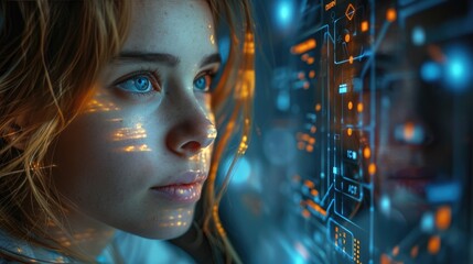 Futuristic woman interacting with digital interface, holographic display reflecting in eyes, technology concept