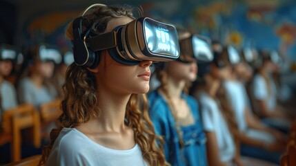Group of students using virtual reality headsets in a classroom setting, embracing immersive learning technology.