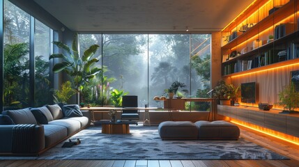 Fototapeta premium Modern living room with large windows, indoor plants, and cozy furniture illuminated by warm lighting at dusk.