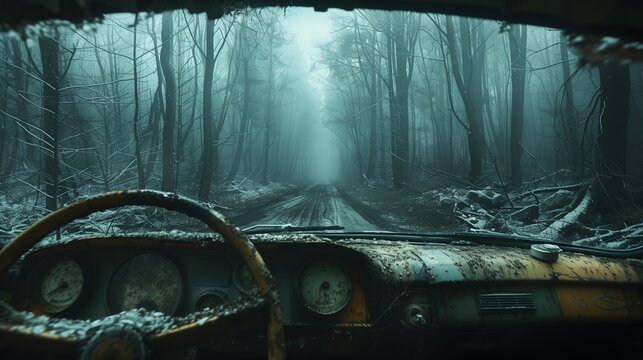 A Rusted Car's View of a Misty Forest Road