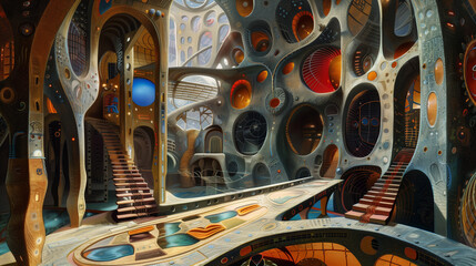 Surreal interior of a fantastical building