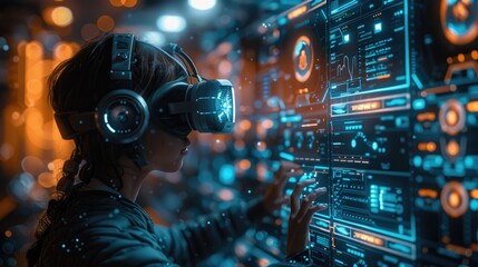 Person using virtual reality headset interacting with futuristic digital interface in high-tech environment, vibrant blue hues.