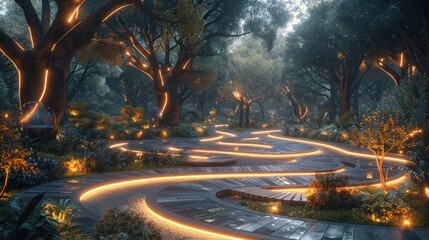 Mystical forest path illuminated by glowing lights, creating an enchanting and magical atmosphere amidst tall trees and lush greenery.