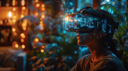 Person using a virtual reality headset at night within a cozy, illuminated indoor setting with bokeh effect, experiencing immersive technology.